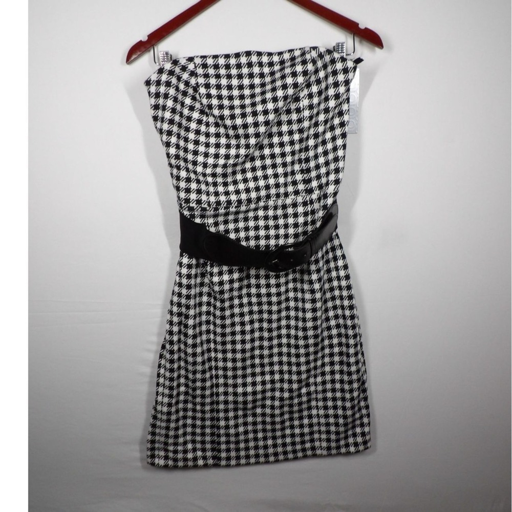 GO International Tube Dress Womens 8 Black White Houndstooth Belted Strapless